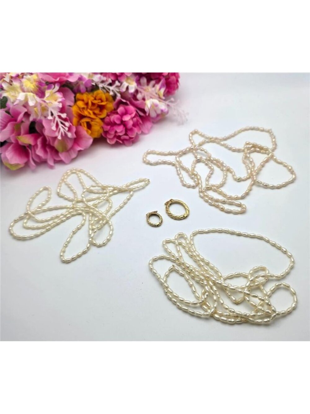 Natural White Rice Pearl 3 Strand 46" Convertible Necklace/Bracelet  w/ Clips